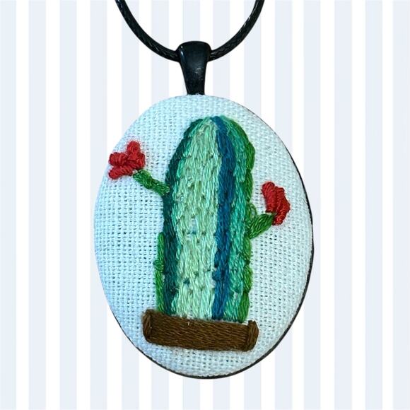 Embroidery Barrel Cactus Pendant ~ Handmade Jewelry - Picture 4 of 4